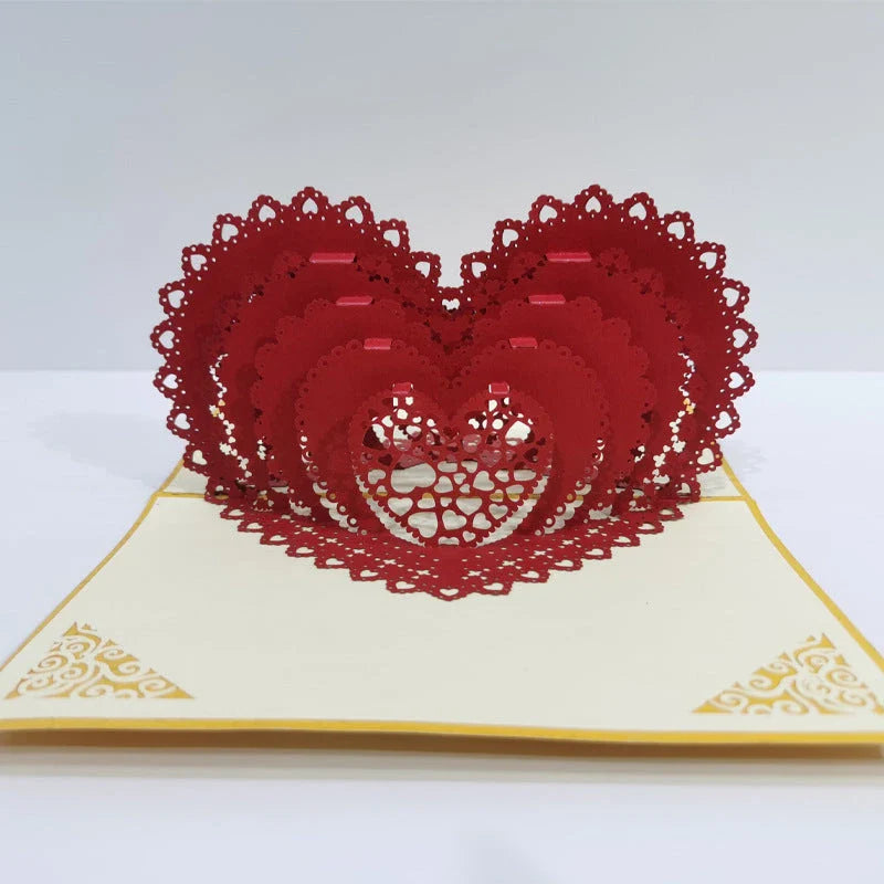 Elegant 3D pop-up wedding and anniversary greeting cards with laser-cut designs in a variety of romantic themes
