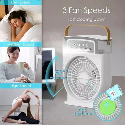 Compact USB-powered evaporative air cooler with 7-color mood lighting, portable design, and powerful fan for personal climate control