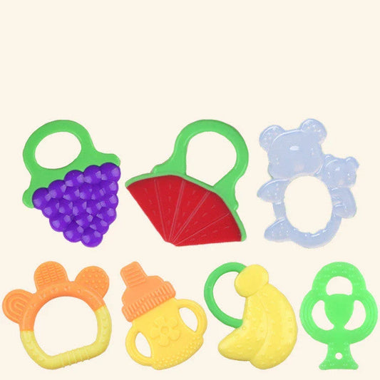 Soft silicone fruit-shaped teething toy for infants and toddlers to soothe sore gums during the teething process