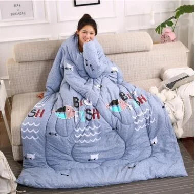 Cozy quilted lounger with sleeves in various colors and sizes, perfect for year-round indoor comfort and relaxation.