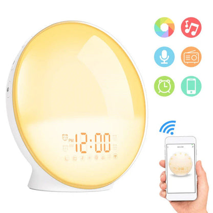 Natural wake-up light alarm clock with soothing nature sounds and customisable ambient lighting