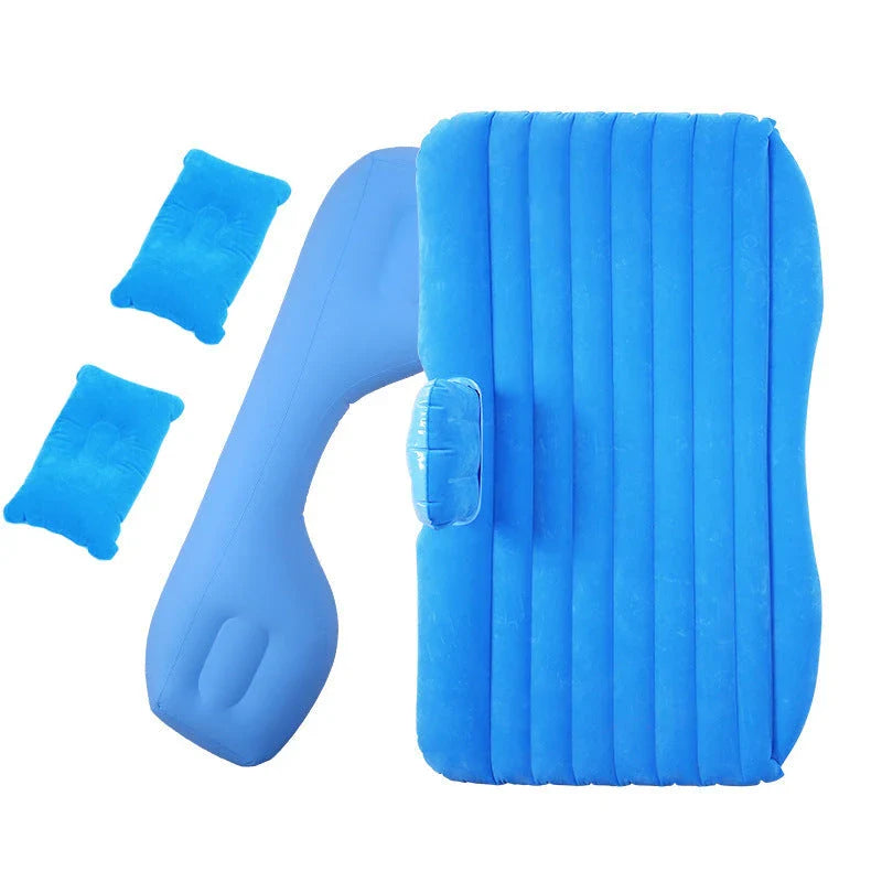 Inflatable car mattress with pillows in various colors, perfect for comfortable road trips and outdoor adventures