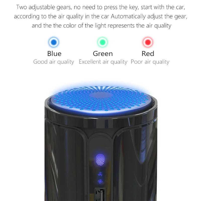 Compact car air purifier with HEPA technology in black, navy blue, rose gold, and dark grey