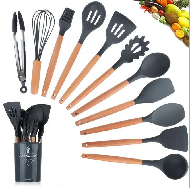 Silicone kitchenware set with wooden handles in various colors and styles, perfect for cooking, baking, and serving