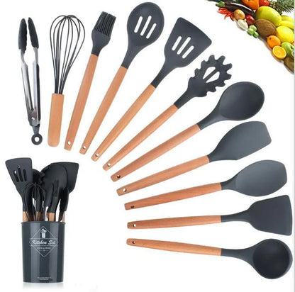 Silicone kitchenware set with wooden handles in various colors and styles, perfect for cooking, baking, and serving