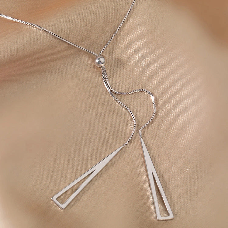 Adjustable sterling silver geometric triangle clavicle necklace for women, modern Korean style jewellery