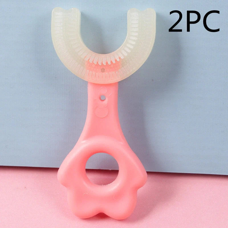 U-shaped baby toothbrush in yellow, pink, and blue, soft silicone for gentle oral care