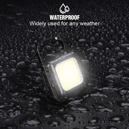 Powerful USB-rechargeable keychain flashlight with three lighting modes, magnetic base, and foldable handle for outdoor and emergency use