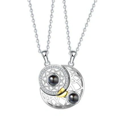 Sun and Moon Couple Necklaces with 100 Languages I Love You Projection in silver and gold