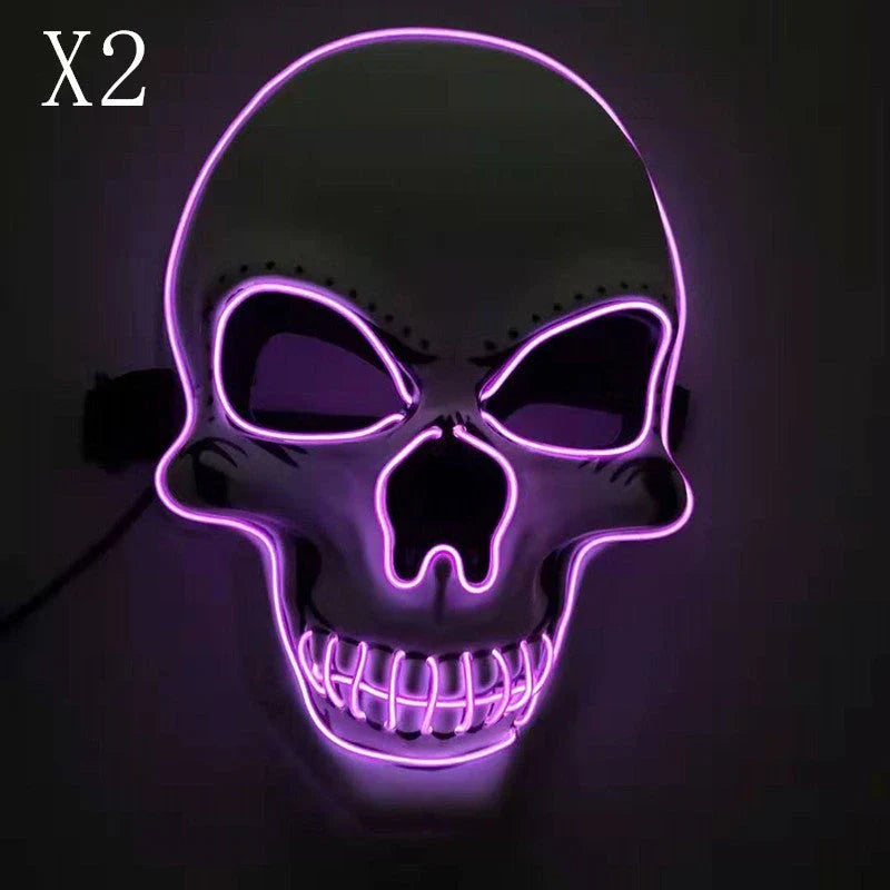 A glowing skull-shaped Halloween mask with adjustable straps and three lighting modes: constant, slow flash, and rapid pulse