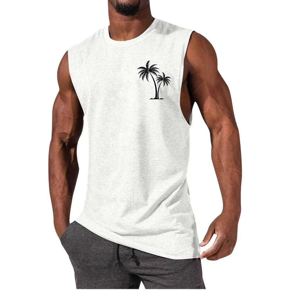Tropical coconut tree print workout tank top for men, made with breathable, moisture-wicking fabrics for an active lifestyle.