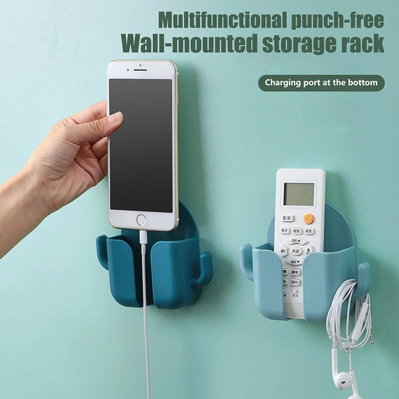 Wall-mounted storage box with mobile phone charging stand and remote control holder in various colours