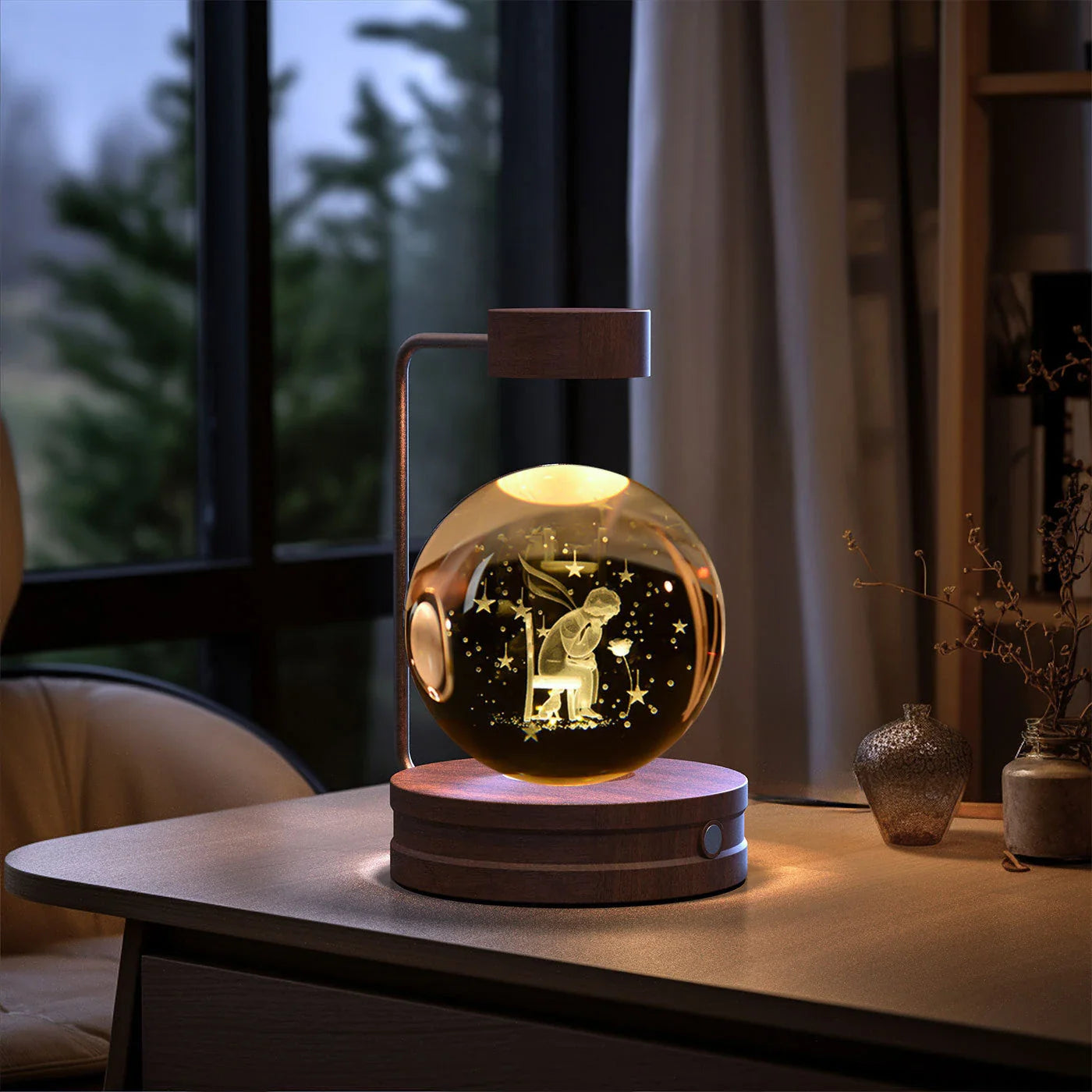 Enchanting crystal ball night light with cosmic designs, creating a warm and soothing ambiance in any room.