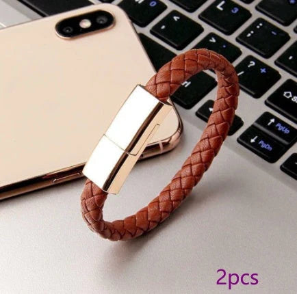 Stylish data cable bracelet in black, white, and brown colors with android, apple, and USB-C connectors