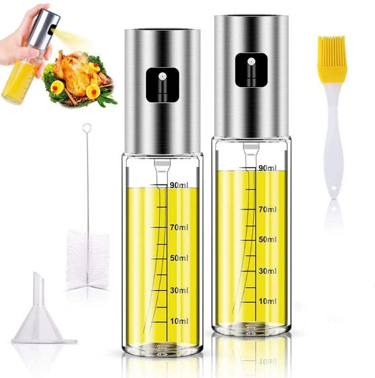Stainless steel kitchen oil spray bottle with ergonomic button and glass body