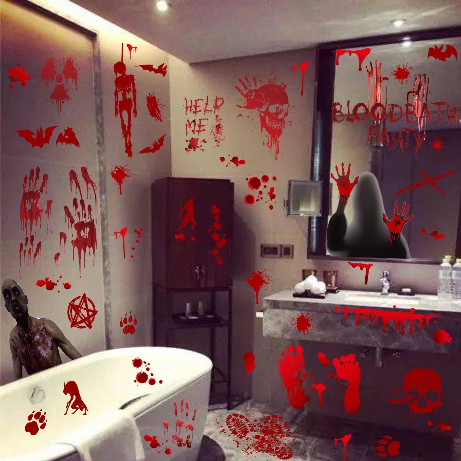Set of 9 Halloween window stickers featuring bloody handprints, footprints, and splatters