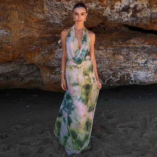 Tie Dye Printing Deep V-neck Halter Backless Long Dresses Set for Women in green and purple