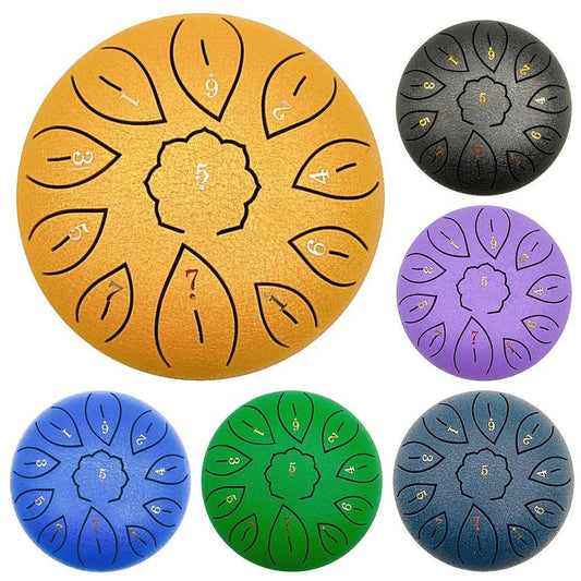 6-inch 11-tone Ethereal Steel Tongue Drum in various colours, a unique and mesmerising musical instrument