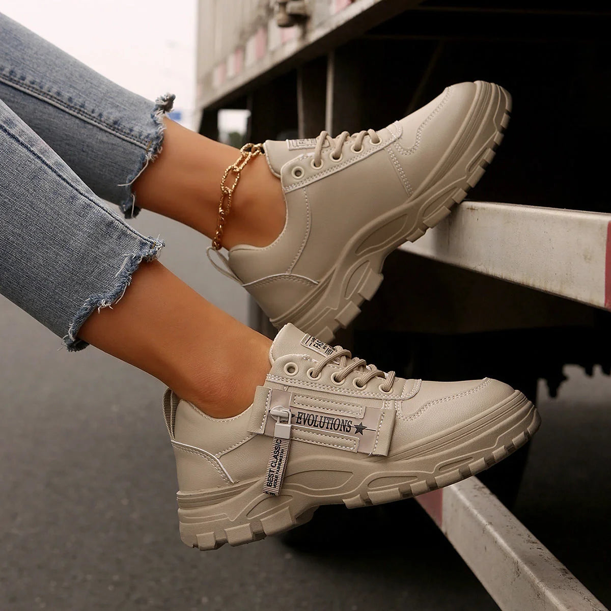 Women's lace-up sports sneakers with side-zipper in white, black, and cream white