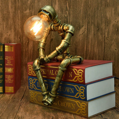 Vintage Industrial Table Lamp with Retro Water Pipe Design in Green Bronze Finish