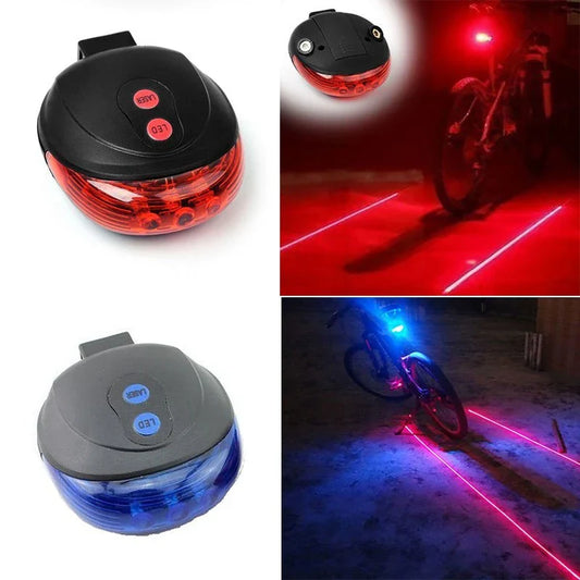 Bicycle tail light with 5 LED lights and 2 laser beams for enhanced visibility and safety on the road