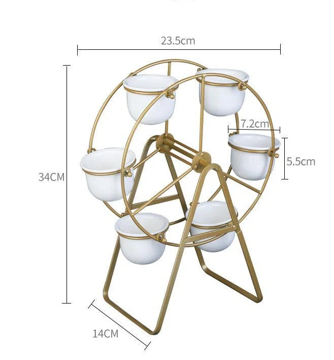 Ferris Wheel stand with 6 cement succulent plant pots for compact plant display