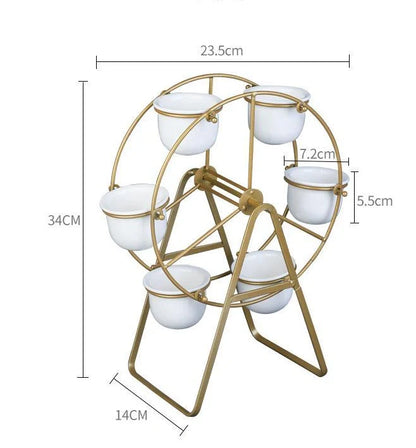 Ferris Wheel stand with 6 cement succulent plant pots for compact plant display
