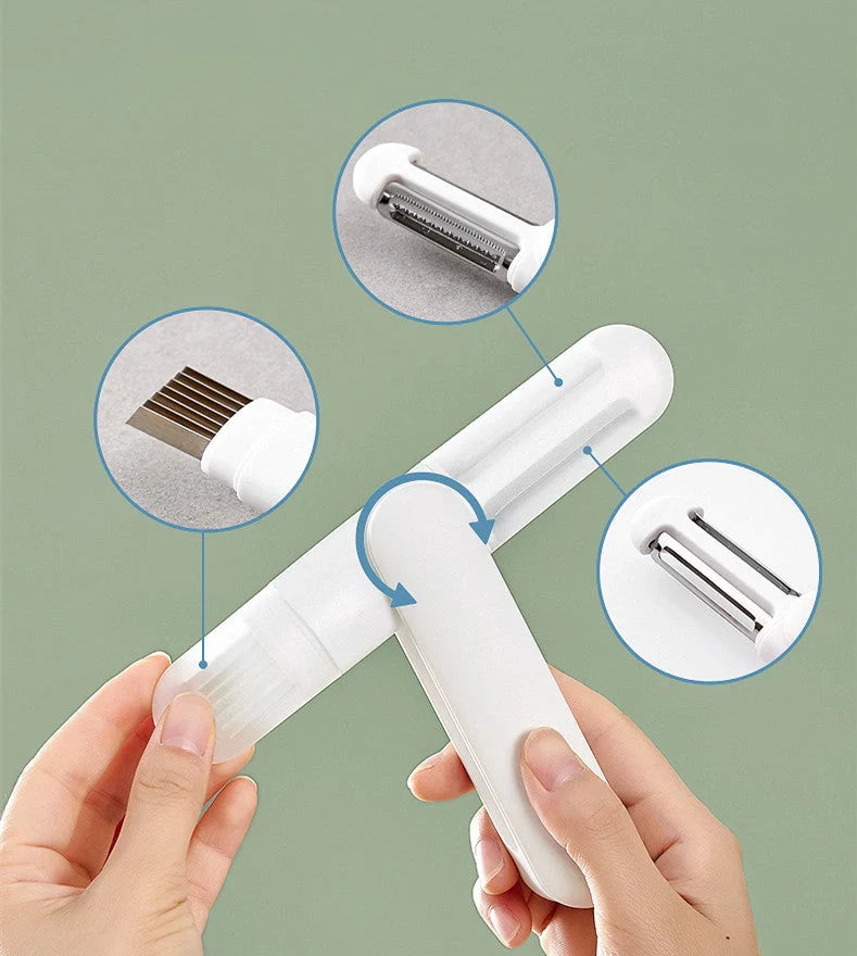 3-in-1 multifunctional rotary paring knife with stainless steel blade and white handle