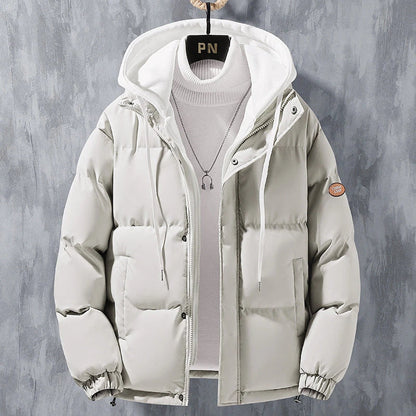 Premium insulated winter jacket for men in various colors, including black, khaki, pink, and blue. The jacket features a hooded design, front zipper closure, and adjustable drawstrings for a customized fit.