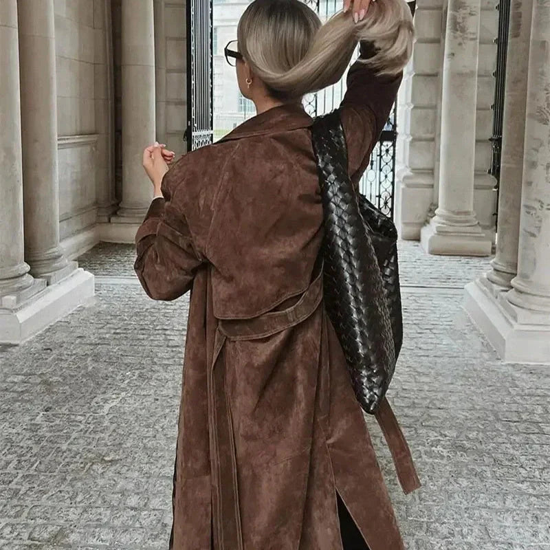 Double-breasted vintage suede long coat with belt for women in brown and light brown