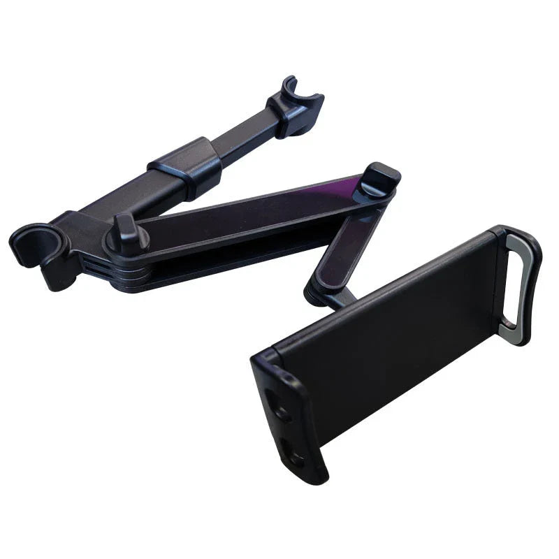 Adjustable car headrest mount for holding smartphones and tablets, with 360-degree swivel and telescopic arm for optimal viewing