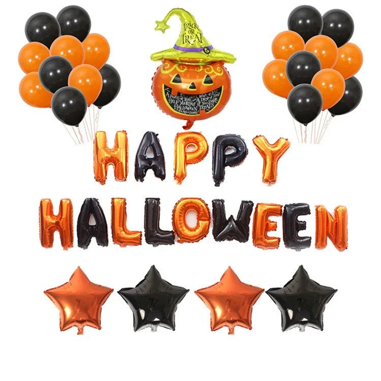 Spooky Halloween balloon decorations featuring pumpkins and bats in various styles