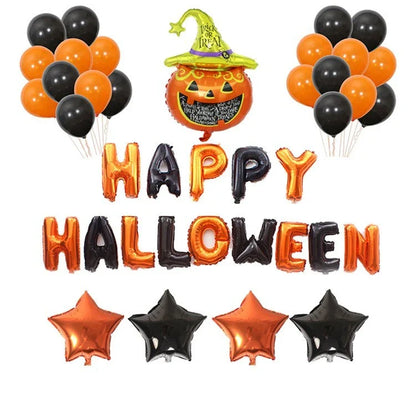 Spooky Halloween balloon decorations featuring pumpkins and bats in various styles
