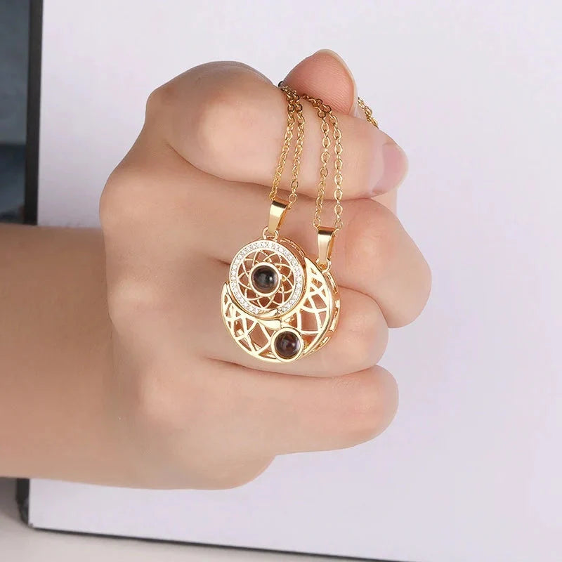 Sun and Moon Couple Necklaces with 100 Languages I Love You Projection in silver and gold