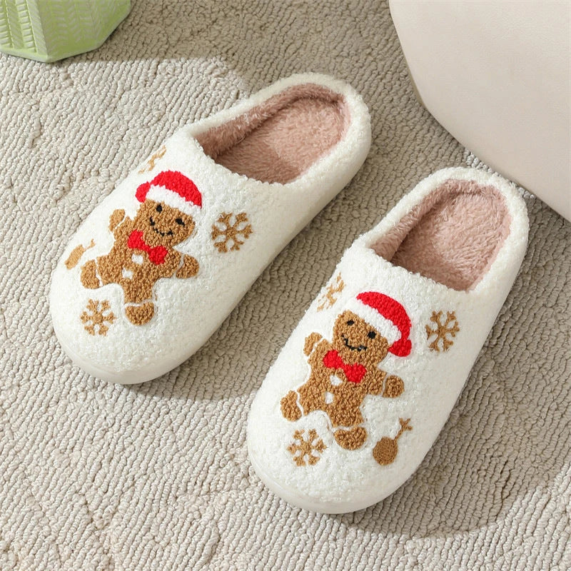 Cozy Christmas snowflake and gingerbread man slippers with plush, non-slip soles for comfortable indoor wear