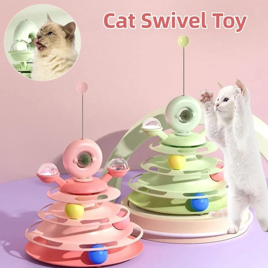Interactive 4-level cat toy tower with turntable and roller balls in vibrant colours