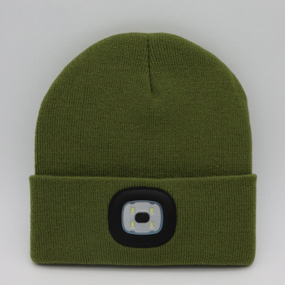 LED Knit Hat with built-in light for night visibility, made from 100% wool