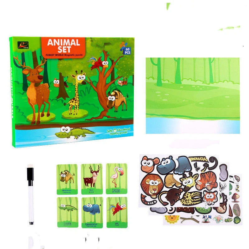 Versatile magnetic puzzle toy with vertical board, magnetic pieces, and rewritable drawing surface for early learning and creativity