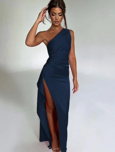 Stunning one-shoulder backless slit dress in various vibrant colors for summer elegance