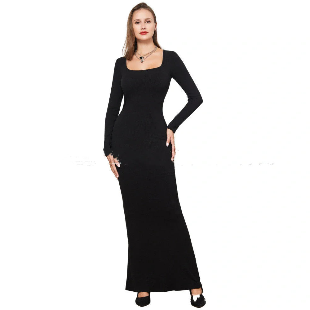 Double-layer slimming dress in black, featuring waist support and hip lifting design, perfect for any occasion.
