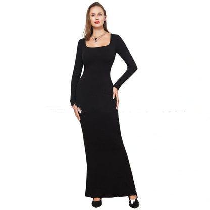 Double-layer slimming dress in black, featuring waist support and hip lifting design, perfect for any occasion.