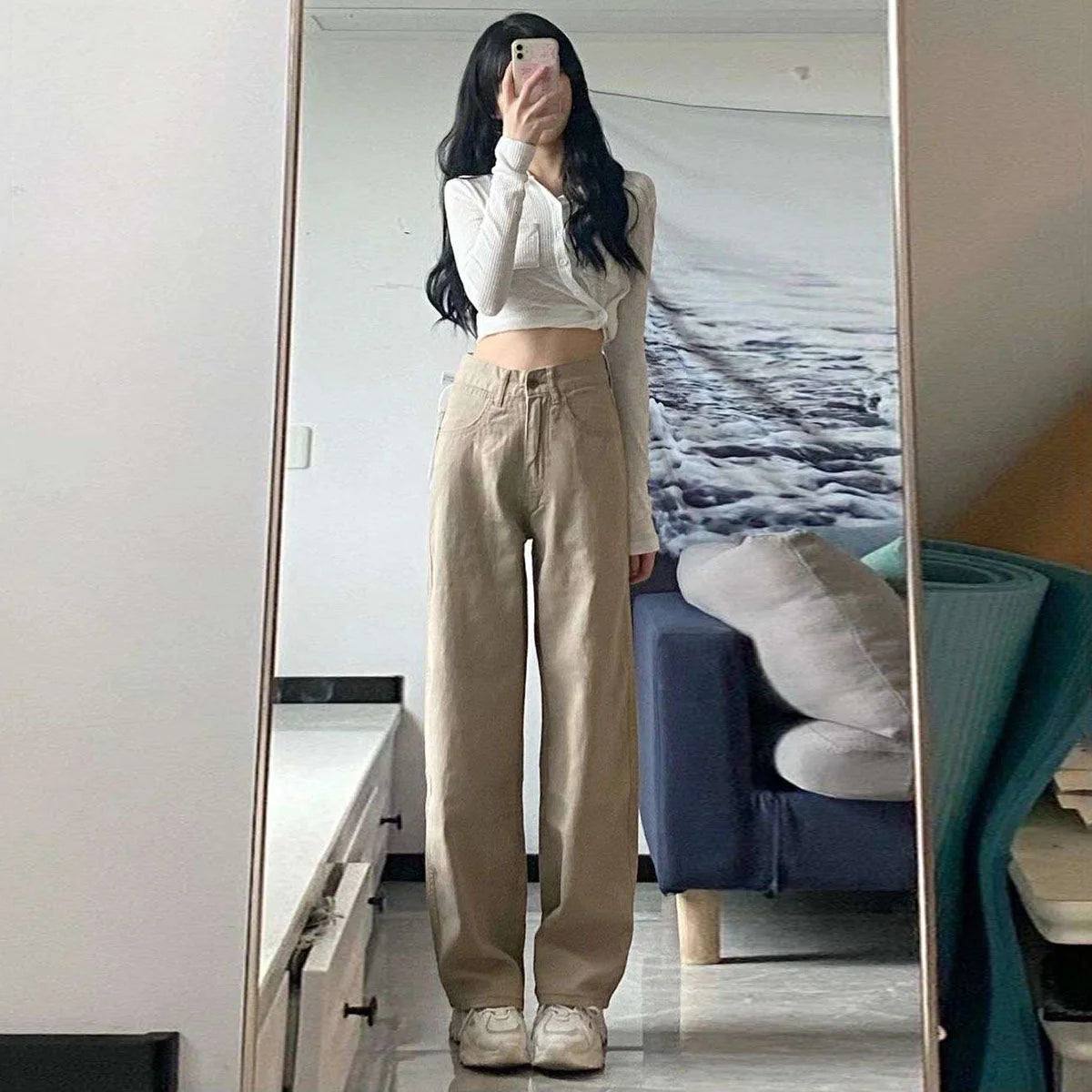 High waist wide leg jeans in khaki, retro style with button details