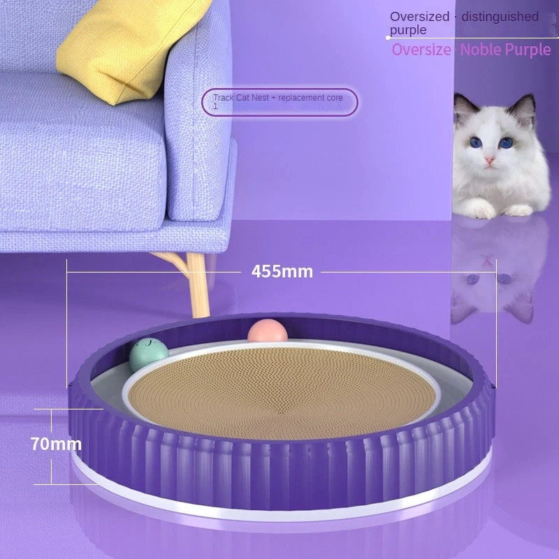 Round cat scratching board with toy ball, protects furniture from scratches