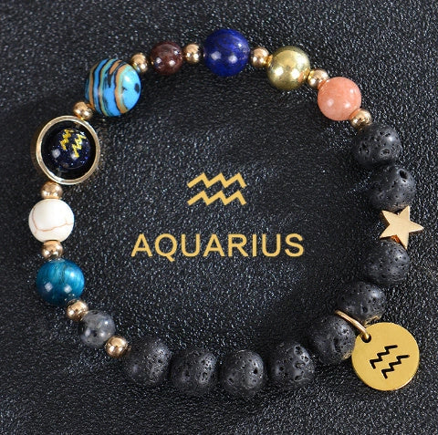 Frosted Stone Beaded Zodiac Bracelet featuring detailed zodiac signs on natural stone beads