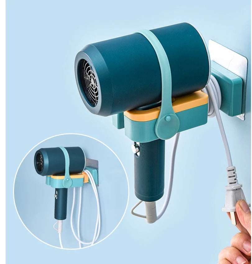 Wall-mounted hairdryer rack with silicone fixing belt and 180° rotation