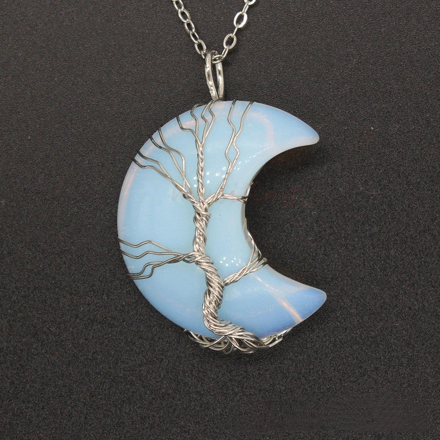 Handmade Moon Natural Crystal Stone Tree of Life Pendant Necklace in various colours