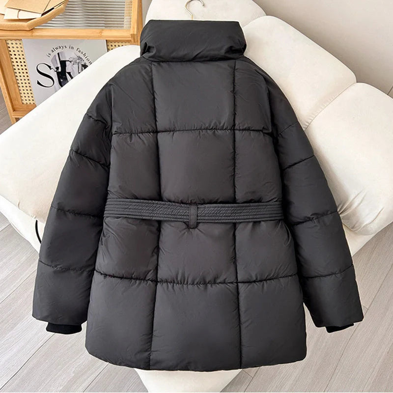 Winter plaid sewing lapel coat with lace-up design for women in black, white, and coffee