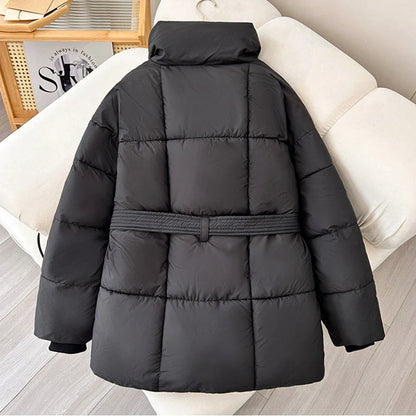 Winter plaid sewing lapel coat with lace-up design for women in black, white, and coffee