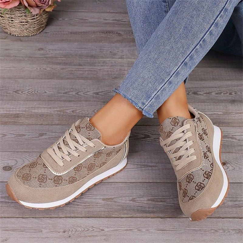 Women's floral print lace-up sneakers in grey and camel colours