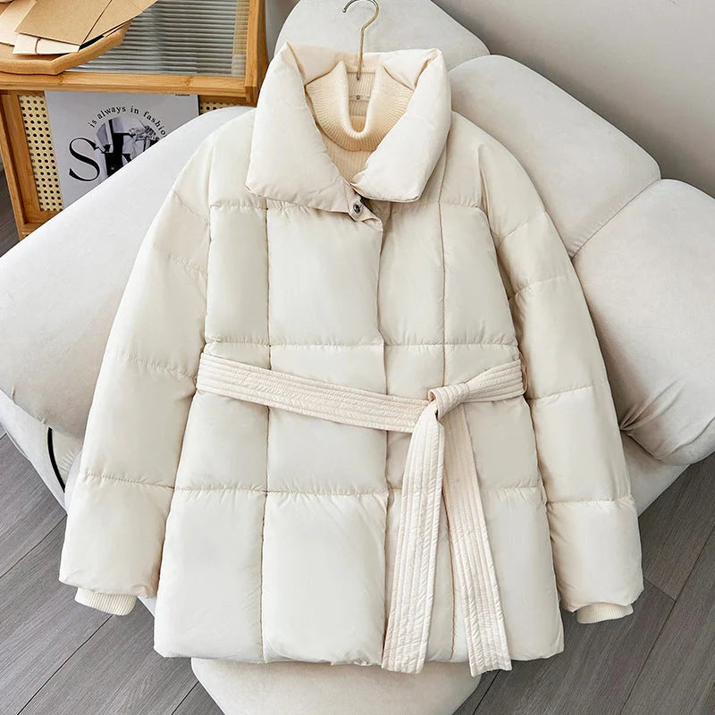 Winter plaid sewing lapel coat with lace-up design for women in black, white, and coffee